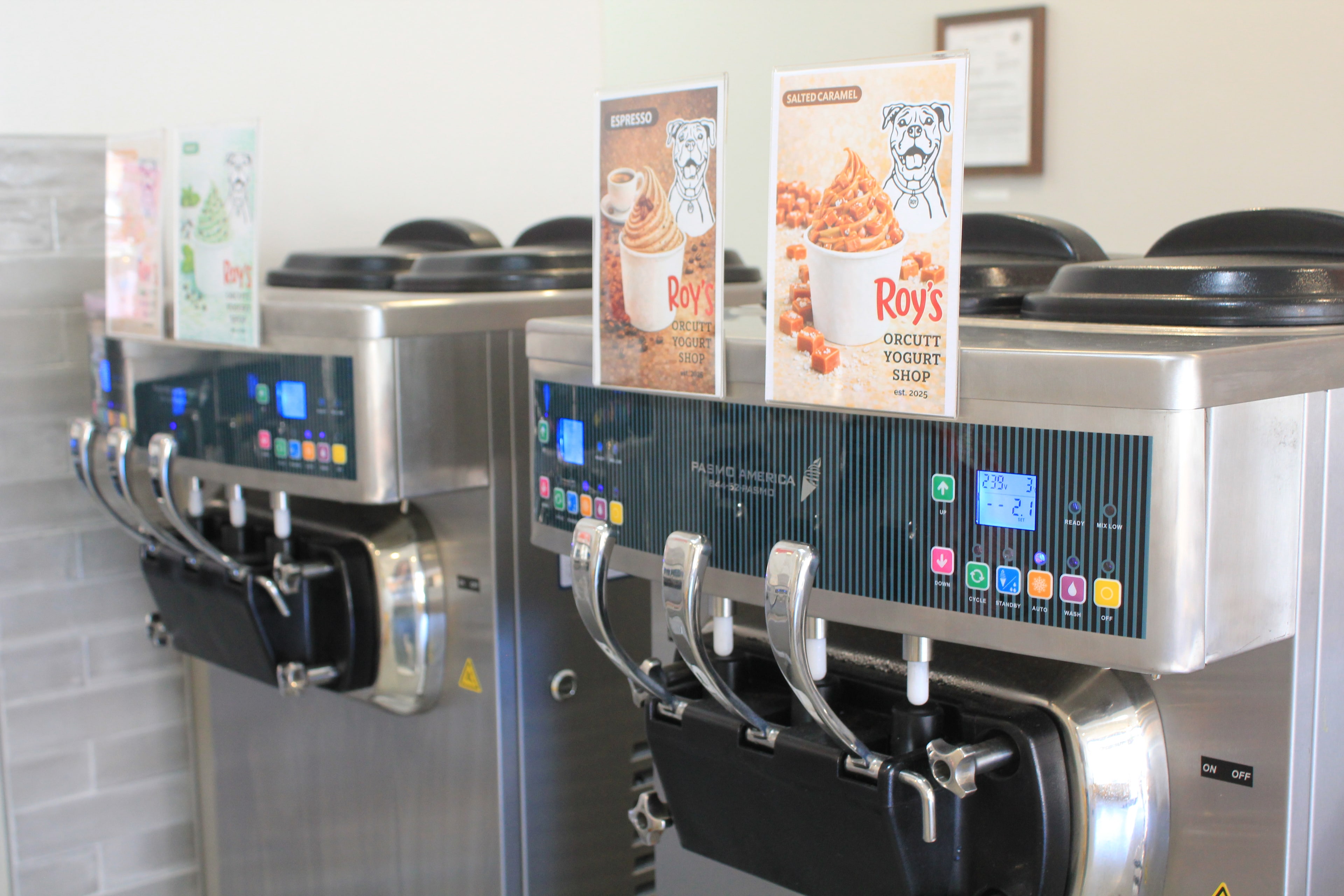 Frozen yogurt machines and rotating flavor cards at ROY’S
